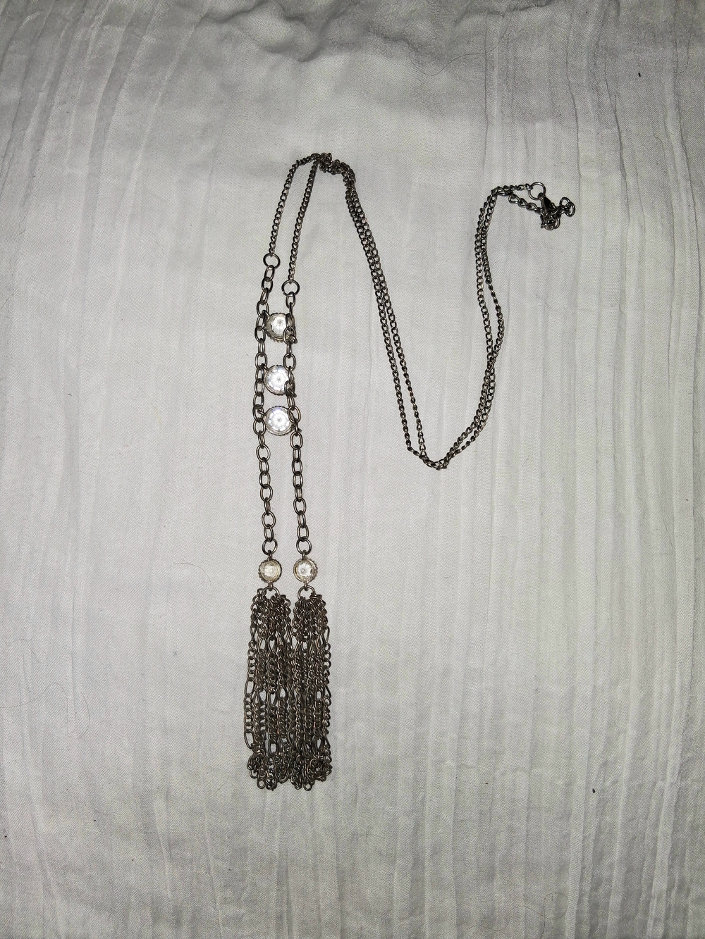 Silver-Tone Tassel Necklace with Crystal Stations Vtg
